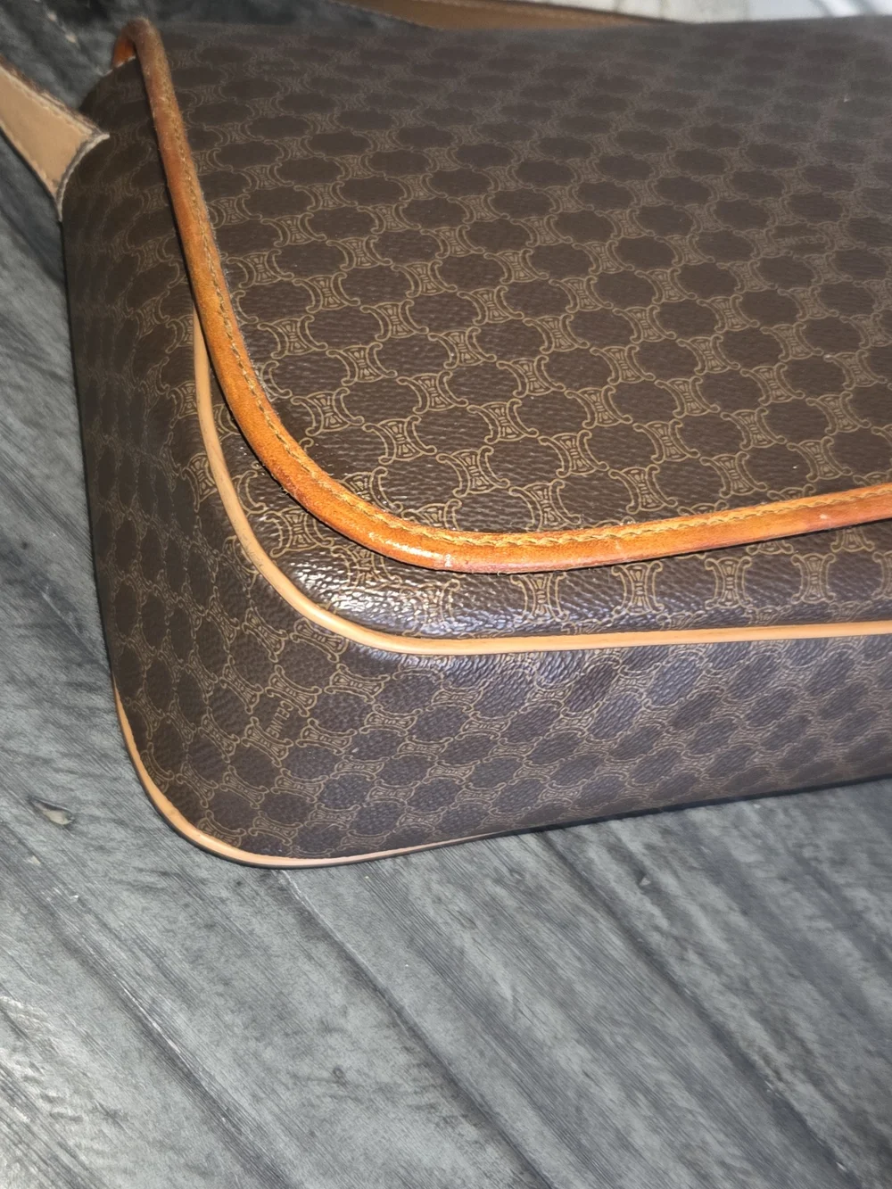 Celine Vintage Brown Patterned Crossbody Bag with Tan Strap And Matching Wallet.